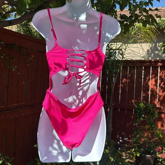 Hot Pink Cut Out One Piece Bathing Suit - Picture 3 of 6